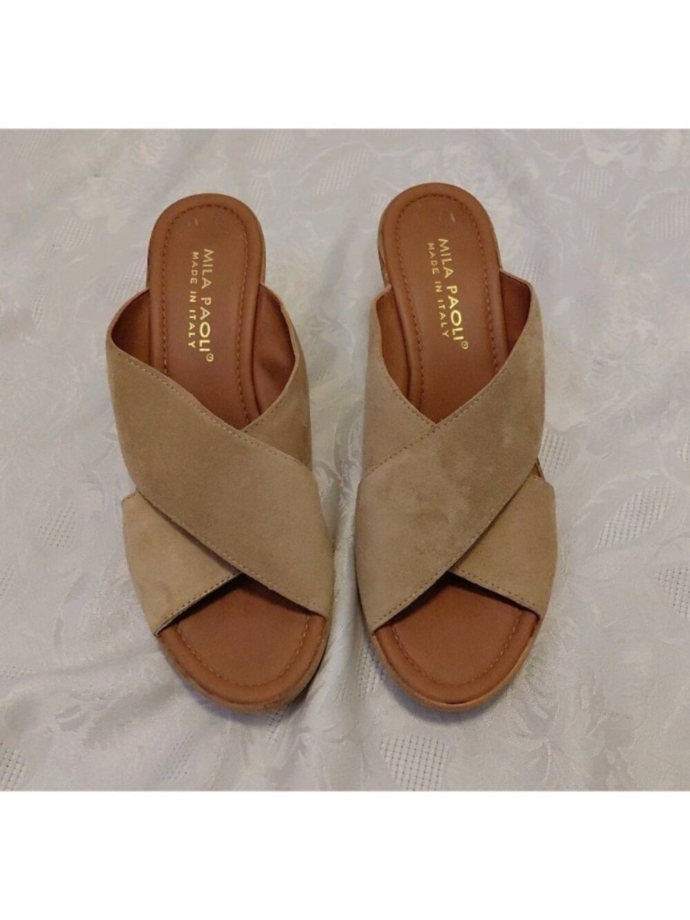 Mila Paoli Suede Cross Strap Open Toe Cork Wedge Sandals Beige 8.5